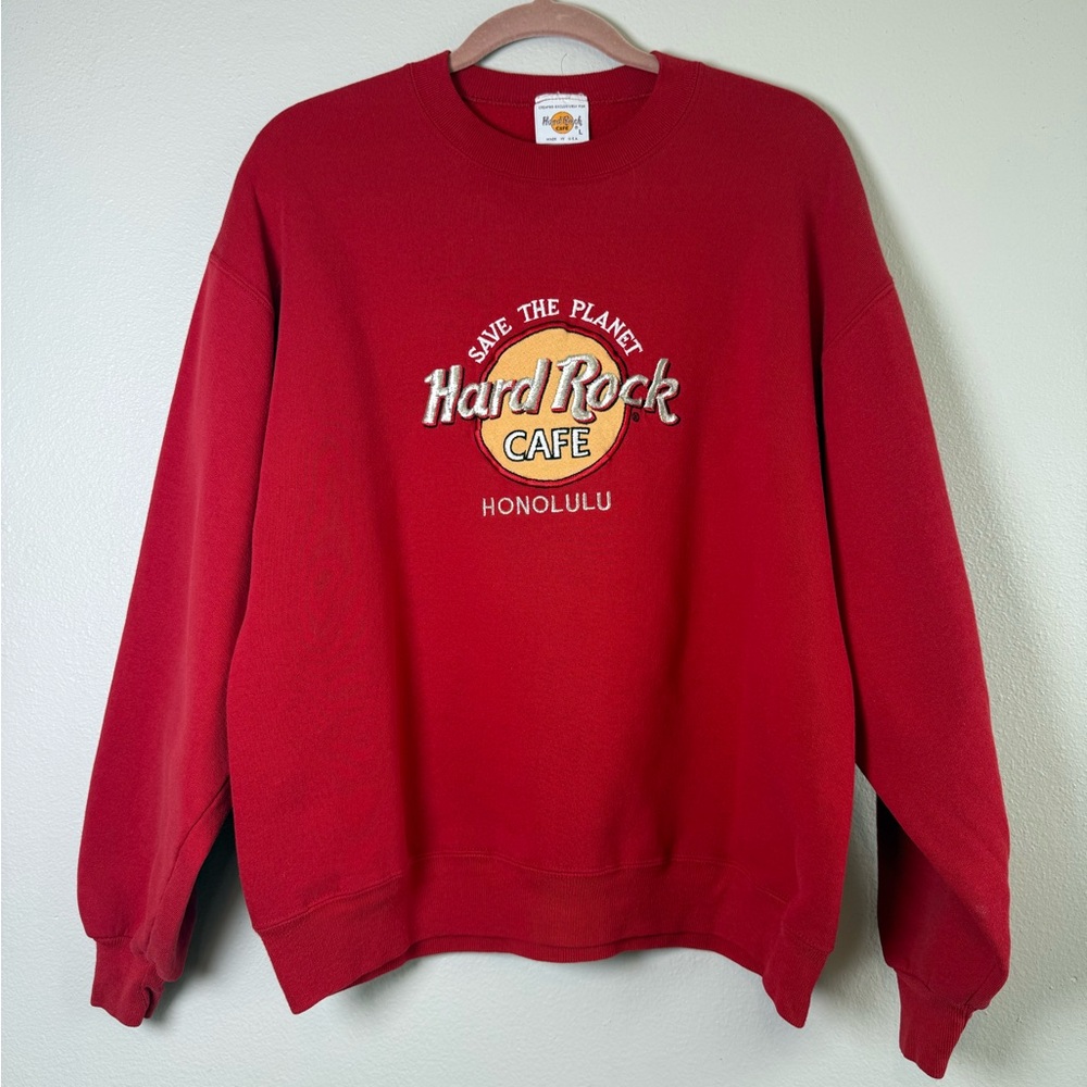 Hard Rock Cafe Red Crewneck Sweatshirt with Yellow Logo